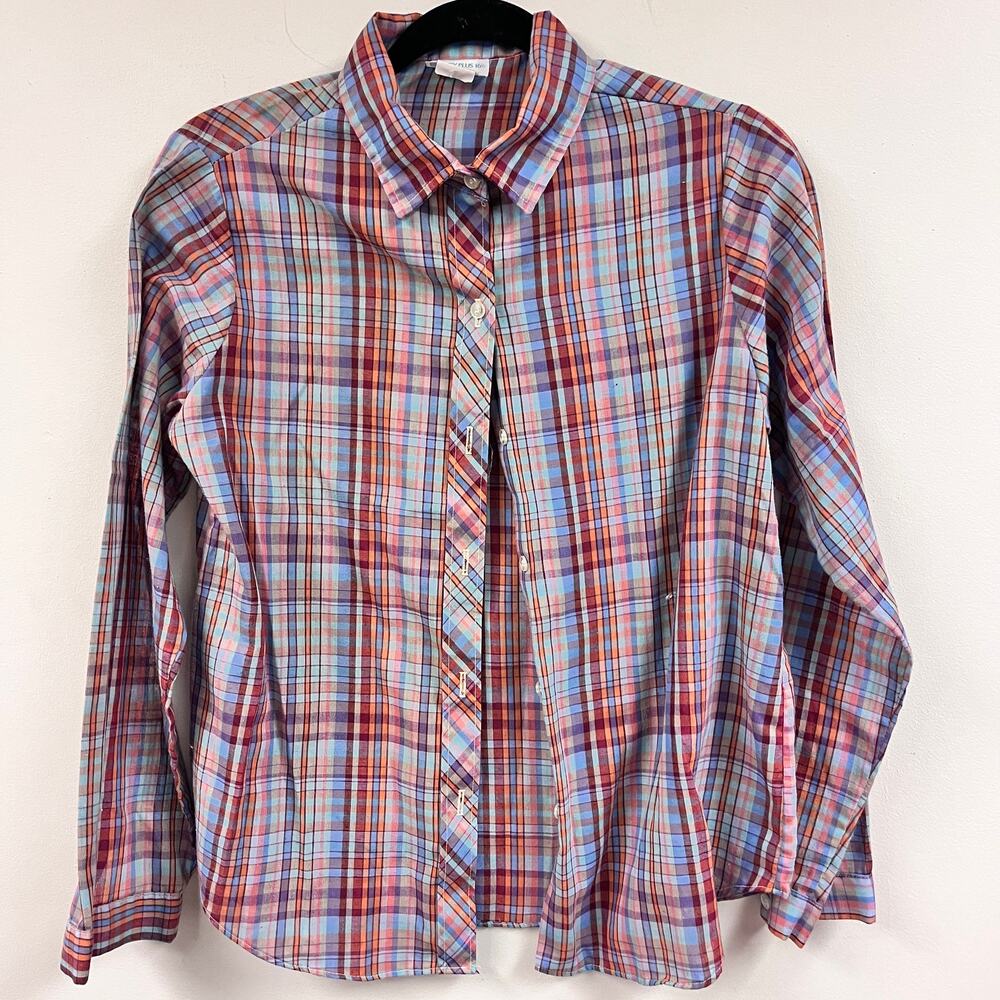 Vintage girl's 1970's Sears multi color plaid long sleeve button down sz 16.5